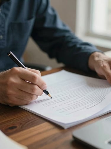 Close-up of hands signing high-quality heavy paper documents on a dark oak desk, soft natural light from a window, shallow depth of field, warm editorial style.