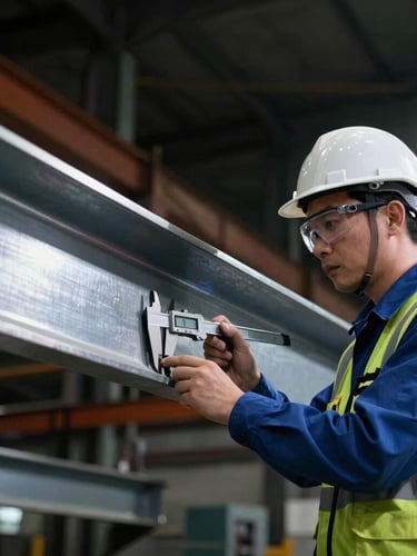Quality control engineer in safety gear inspecting a massive structural steel beam with a digital caliper, high-contrast industrial lighting