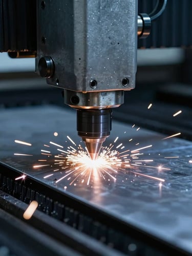 Extreme close-up of high-power CNC laser cutting machine emitting bright sparks on steel plate, dark industrial background, cool metallic blue tones, sharp details, 35mm lens