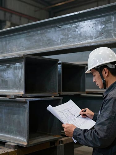 Close-up of a structural engineer in a hardhat reviewing technical blueprints next to massive fabricated steel beams on a factory floor, dramatic industrial lighting, cool steel gray tones