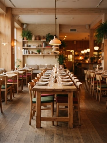 Cozy Scandinavian-style restaurant interior at golden hour, warm ambient light, empty tables, focus on natural wood and simple decor, wide shot with depth of field.