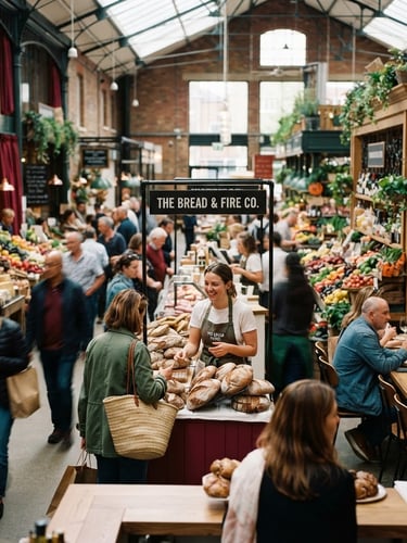 Wide shot of a bustling, modern food market interior with natural light, people browsing stalls and interacting with vendors, shallow depth of field, warm editorial photography, rich crimson and forest green tones.