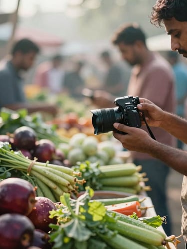A candid shot of a Ratul Boss team member, camera in hand, capturing fresh produce at a farmer's market in soft morning light, shallow depth of field.