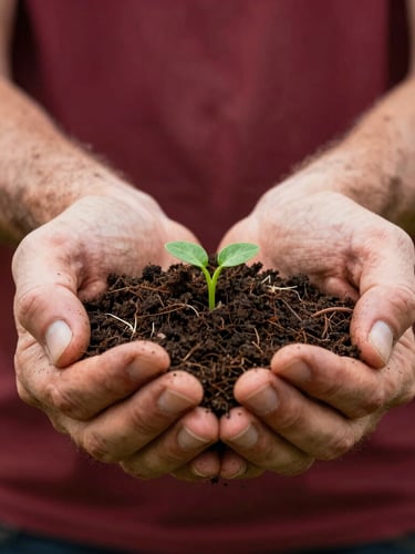 Portrait shot of a farmer's hands gently holding a handful of rich, dark soil with tiny green sprouts, soft natural daylight, shallow depth of field, warm editorial photography, rich crimson and forest green tones.