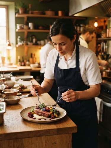 Chef plating a meticulously arranged dish in a cozy, Scandinavian-style restaurant kitchen, warm ambient light, shallow depth of field, left-aligned bleed.