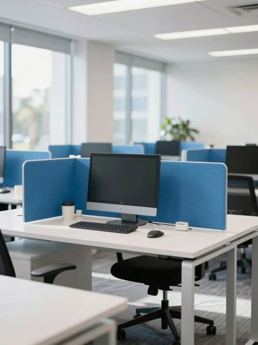 Bright sunlit modern Orlando office workspace, clean white desks, blue accents, natural daylight, professional environment