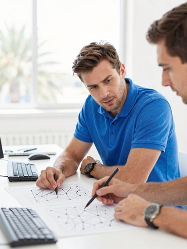Bright corporate photography of two technical engineers collaborating over architectural network diagrams in a sunlit Orlando workspace, clean white backdrop, shallow depth of field.