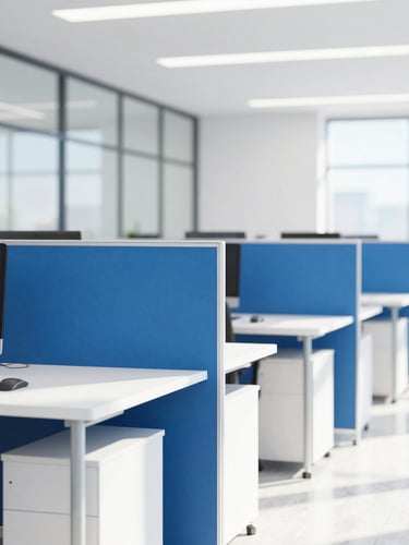 Bright high-key corporate photography of a sunlit modern Orlando office workspace with clean glass partitions and deep blue accents, shallow depth of field.