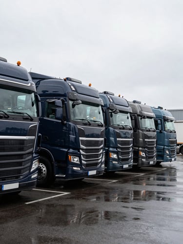 Ground-level wide shot of a row of dark navy semi-truck cabs parked at a European logistics yard, overcast daylight casting flat even light across the vehicle livery and grille details, tarmac wet from recent rain reflecting the truck silhouettes, no human figures visible, industrial infrastructure in the background