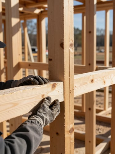 Close architectural detail of exposed stick framing on a Grand County jobsite, natural daylight casting sharp shadows across the structural lumber, a worker's gloved hands checking a beam connection in the foreground, raw wood grain visible