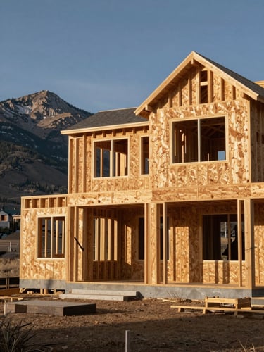 Wide exterior shot of a timber-frame home under construction in Grand County Colorado, mountain ridge visible in the background left, raw framing and OSB sheathing exposed, afternoon north light raking across the structure, no people, no staging