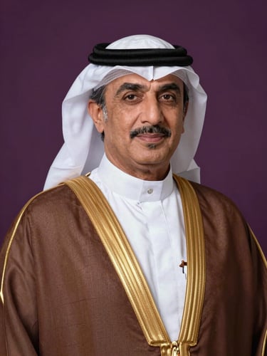 Dignified medium-close portrait of Ambassador Ahmad Mohammad in formal Emirati attire, warm studio lighting, deep purple backdrop, prestigious editorial style