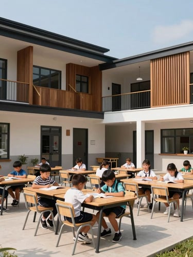 Wide environmental shot of a modern community school built in a developing region, clean architectural lines, bright natural daylight, children reading in a modern classroom