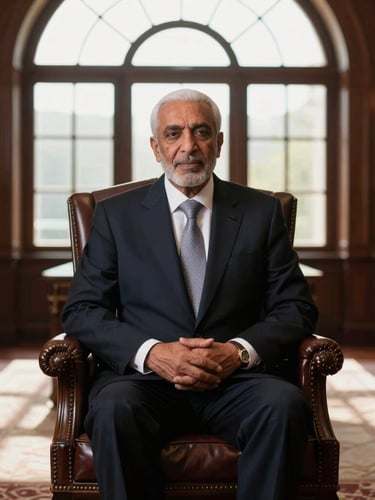 Dignified medium shot of Ambassador Ahmad Mohammad in formal attire, seated in a high-level diplomatic salon, warm sunlight filtering through arched windows, rich deep tones, prestigious editorial style