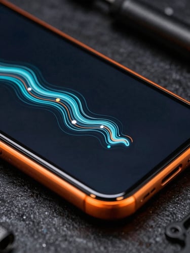 Macro close-up of a high-framerate Android screen rendering fluid vector UI, sharp orange rim lighting on the glass edge, dark industrial background