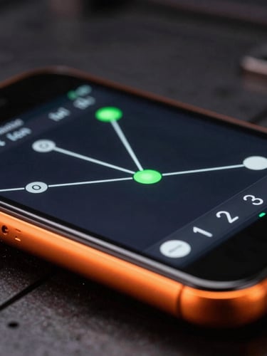 Extreme macro close-up of a physical Android device screen displaying a high-framerate physics simulation, sharp orange rim light reflecting off the glass edge, dark industrial background, low-key studio lighting.