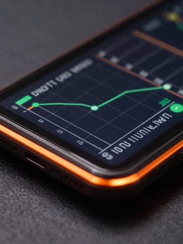 Extreme macro orthographic view of a rugged Android test device screen displaying a high-framerate diagnostic graph, sharp safety-orange rim lighting reflecting on the glass edge, dark charcoal background