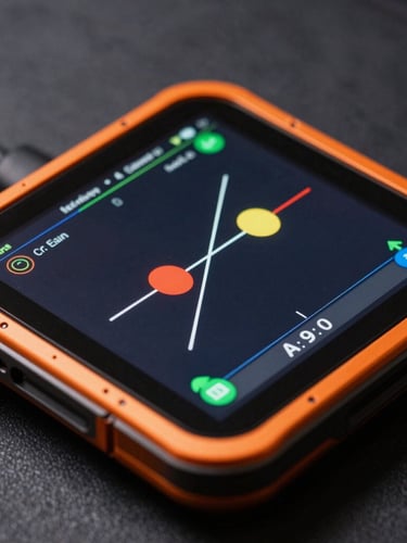 Macro close-up of a rugged Android development test device screen showing a high-framerate physics simulation, sharp orange rim lighting, dark charcoal background