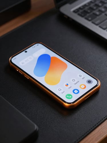 Dead-on orthographic view of an Android test device on a black workbench, sharp amber rim lighting highlighting precise physical button edges and a fluid custom interface.
