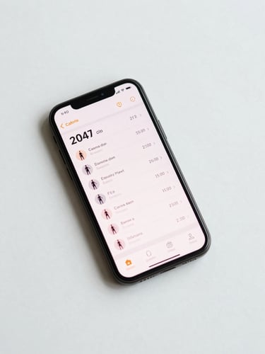 Overhead flat-lay of a smartphone on a clean white surface, screen showing a fitness tracking app dashboard with clearly visible calorie totals and workout log entries, bright neutral studio lighting, no people, no faces, minimal surrounding context