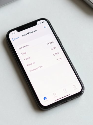 Extreme close-up overhead flat-lay of a smartphone on a clean white desk, the SmartFitTracker app dashboard visible on screen showing meal log and calorie metrics, bright studio lighting, no shadows, neutral background