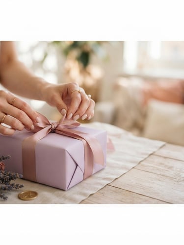 Close-up of elegant hands carefully tying a silk ribbon on a gift box, soft morning light, pastel lilac and dusty rose tones, gold accents, shallow depth of field, 50mm lens, wide cinematic frame with hands on the left third.