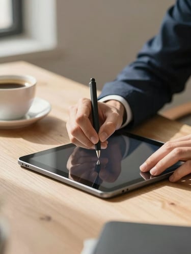 Warm editorial photography of a modern workspace with soft natural daylight, showing a close-up of hands writing on a tablet next to a warm cup of coffee, professional and welcoming atmosphere.