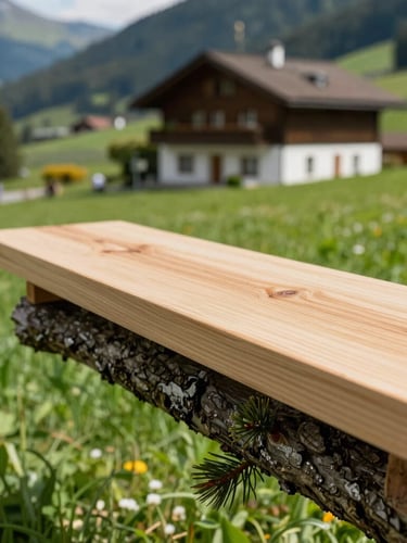 Close-up editorial photograph of a perfectly clean wood cut on a thick pine branch, pristine manicured lawn and Swiss villa in the background, sharp daylight.