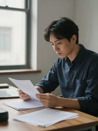 Small business owner seated at a desk reviewing documents in a modest regional office, natural window light from the left, papers and a laptop visible, mid-shot showing work context