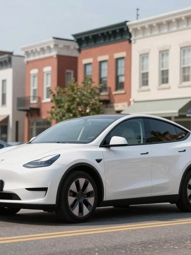 Crisp editorial profile of a clean modern vehicle driving on a sunny Baltimore street, historic architecture softly blurred in the background, bright natural daylight, 35mm