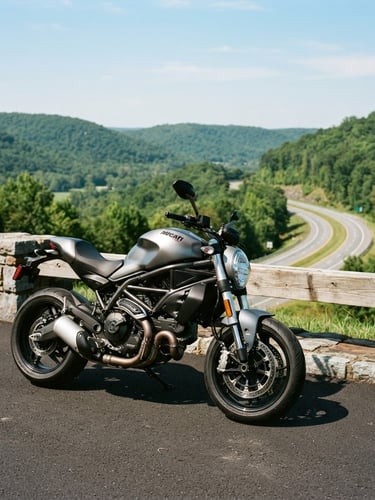 Crisp editorial photography of a modern motorcycle parked on a scenic Maryland highway overlook, bright morning daylight, clean asphalt, rolling hills in the background, 35mm