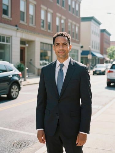 Crisp editorial portrait of a professional insurance agent standing outside a brick office building on N Paca Street in Baltimore, bright morning daylight, 35mm