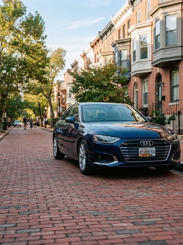 Wide-angle editorial shot of a clean modern sedan parked on a historic brick-lined Baltimore street, warm morning light reflecting off the vehicle, soft urban background