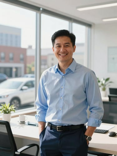 Crisp editorial portrait of a professional insurance agent in a bright, modern Baltimore office, natural morning light, 35mm