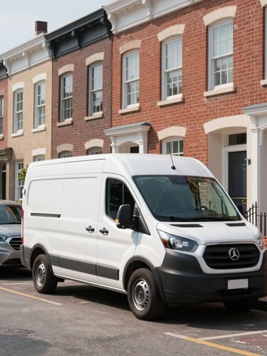A crisp editorial photograph of a modern commercial delivery van parked on a clean historic Baltimore street with brick row houses in the background, bright natural morning light, 35mm