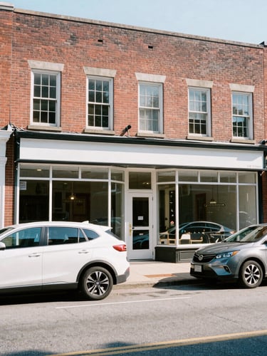 A crisp 35mm editorial photograph of a historic brick storefront on N Paca Street in Baltimore, bright morning daylight, clean modern vehicles parked along the curb, high-contrast.