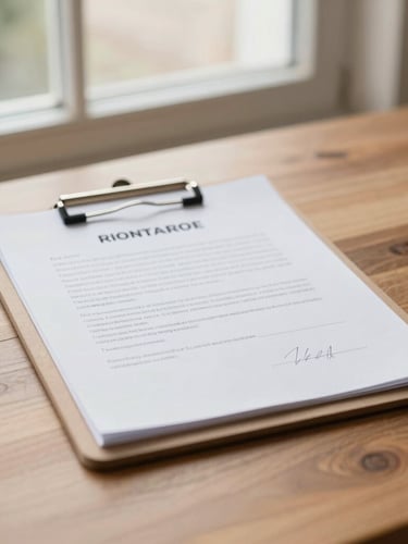 A professional clipboard resting on a wooden table near a window, a legal document ready for signature, warm natural light, shallow depth of field