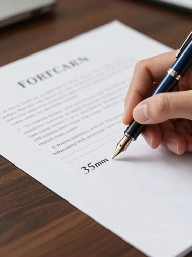 A close-up macro shot of a hand holding a high-quality fountain pen signing a crisp legal document on a dark wood desk, clean indoor lighting, 35mm.