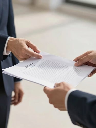 A close-up of professional hands exchanging stamped legal papers, bright natural daylight, deep navy and neutral tones, 35mm
