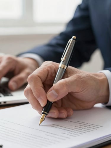 A close-up macro shot of professional hands holding a heavy fountain pen over a crisp legal document, bright natural overcast daylight, deep navy tones, sharp focus, 35mm