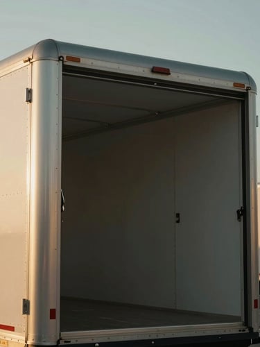 Low-angle heroic shot of a clean, modern enclosed transport trailer under low-sun golden hour light, rich desaturated tones, 35mm lens.