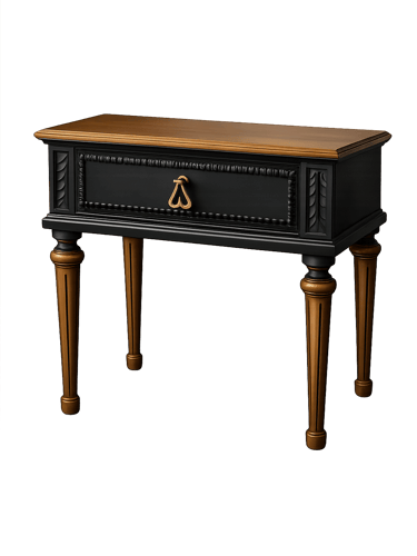 Elegant black and gold nightstand with ornate carvings and a heart-shaped drawer pull on a dark background.