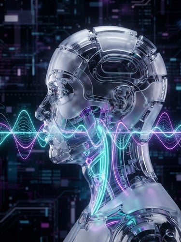 Sleek 3D render of a glassmorphic human head profile with glowing vocal cords and soundwaves, dark futuristic tech aesthetic, neon teal and violet accents, 8k