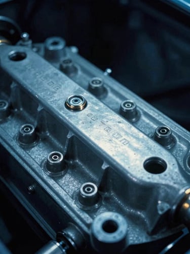 Macro detail shot of a vintage Porsche 356 engine block showing stamped serial numbers, cool blue workshop lighting with high-contrast shadows, 35mm film.