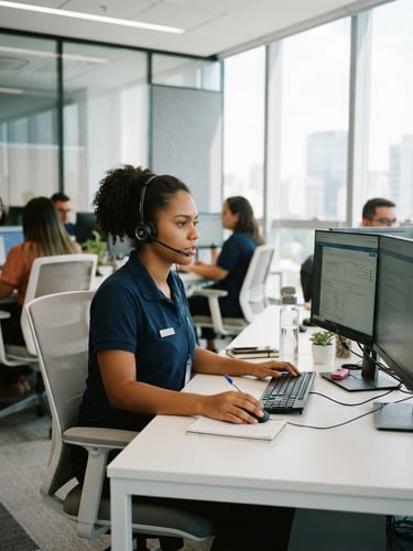Professional Brazilian call center operator in a bright modern office, focused expression, natural daylight, 35mm photography
