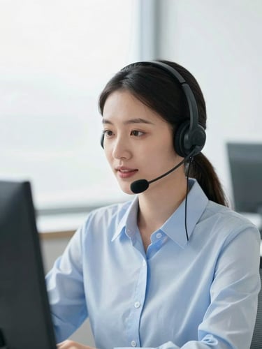 Close-up of a professional customer service agent focusing on a screen, speaking naturally with a headset, bright natural office lighting, 35mm