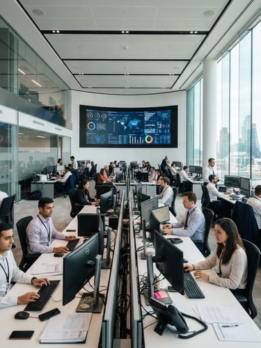 Wide angle of a modern, bright corporate operations room with clean lines, professional agents focused on screens, natural light from windows, 35mm