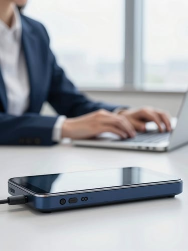 professional corporate photography, close-up of a modern communication device on a clean office desk, professional agent working in soft focus in the background, bright natural window light, 35mm