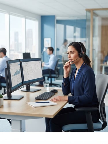 professional corporate photography, bright natural office lighting, clean blue and white tones, a focused support agent working naturally in the background, sharp focus, 35mm