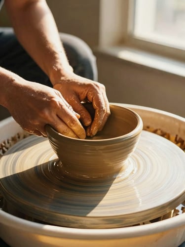 Hands shaping a wet terracotta clay bowl on a potter wheel, warm golden-hour sunlight casting long shadows, close-up, 35mm film